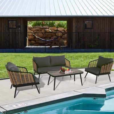 Janey 4pcs PE Wicker Patio Conversation Set, Patio Dining Sofa Set with Coffee Table, Chair, Cushions, Outdoor Furniture - Maison Boucle