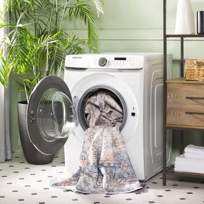 Ivory and Light Blue Weathered Medallion Washable Area Rug