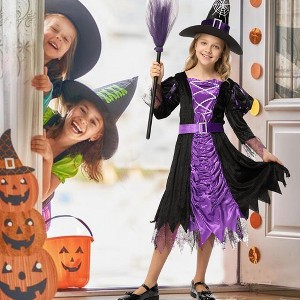 Whizmax Girl Witch Costume Halloween Fancy Witch Dress -Classic Costume for Party Dress-Up, Purple+Black - 1 of 4
