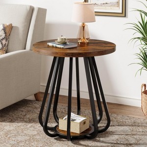 Lantine 2-Tier Small Round Side Table,   with Metal Frame and Lower Shelf, End Table for Small Spaces, Living Room, Bedroom, Vintage Brown & Black - 1 of 4
