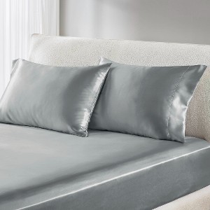 Lyngins Satin Luxury Bed Sheets Set, Wrinkle-Free Split King Bedding Set, 1 Flat Sheet, 2 Fitted Sheets (Fits 16" Mattresses), 4 Pillowcases - 1 of 4