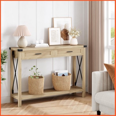 Homhougo Farmhouse Sofa Table - Console Table with Rattan Drawers, Entryway Table with Storage Natural