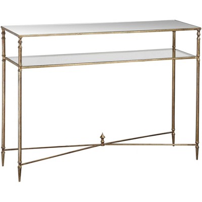 Elegant Gold Leaf Mirrored Console Table with Glass Shelf