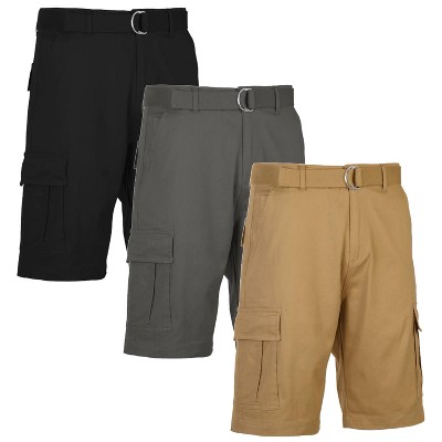 BLU ROCK Men's 3-Pack Cotton Flex Stretch Cargo Shorts With Belt - Size 40  - Black - Grey - Khaki