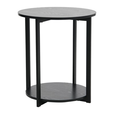 Black Oak and Steel Round End Table with Shelf