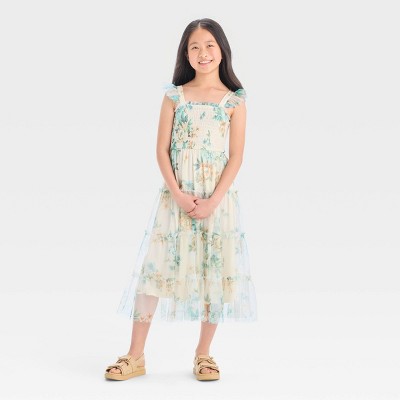 Zenzi Girls' Sleeveless Floral Mesh Maxi Dress - Ivory