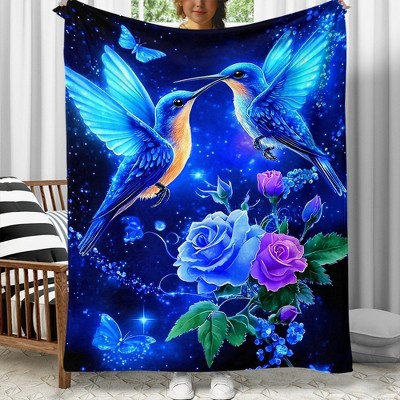 1pc Whimsy Wings Adult Novelty Party Gift - Blue Hummingbird & Floral Design Polyester Throw Blanket, Ideal for Sofa, Bed, Travel, Office.