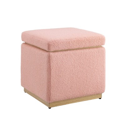 Image of 18" Lucinda Transitional Square Wood & Boucle Upholstered Storage Ottoman Blush/Natural - Linon