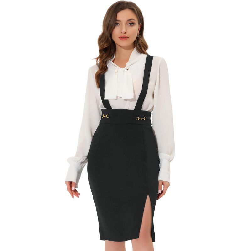 Allegra K Women's High Waist Split Adjustable Strap Suspender Pencil Skirts, 1 of 7