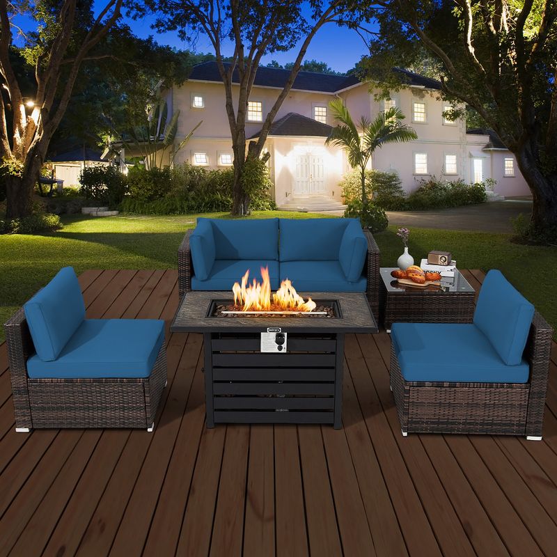 Costway 6PCS Patio Rattan Furniture Set 42'' Fire Pit Table Cover Sofa Cushion Off White/Black/Navy/Red/Turquoise, 2 of 11