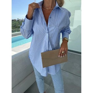 Womens Shirts Lapel Collar Pocket Striped Button Down Long Sleeve Shirt Top - 1 of 3