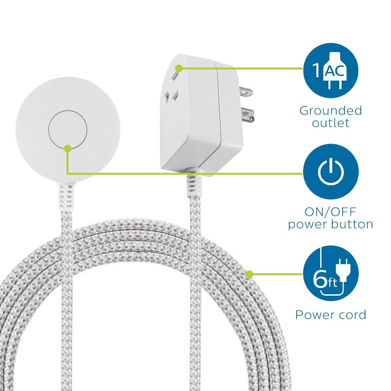 Cordinate 6&#39; Grounded Power Switch Tether on/off Braided Cord White, 3 of 8