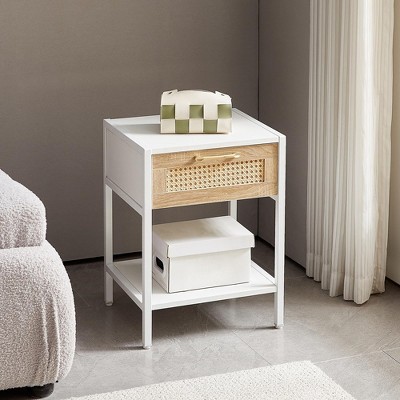 Freestanding Narrow Side Table with Drawer,Modern Rattan Nightstand with Drawer Open Shelf,Bedside Tables for Small Space Living Room Bedroom Office