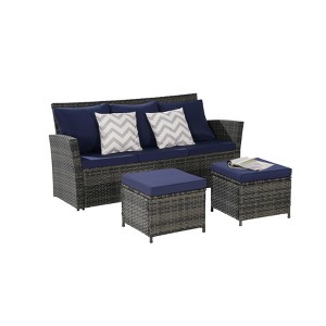 Compact 3-Pc Outdoor Set: Wicker Sofa + Dual Ottomans – Space-Saving for Small Backyards - 1 of 4