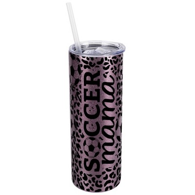 Elanze Designs Leopard Print Rose Gold 20 Ounce Double Wall Stainless Steel Glitter Travel Tumbler With Sliding Lid And Straw, Soccer Mom