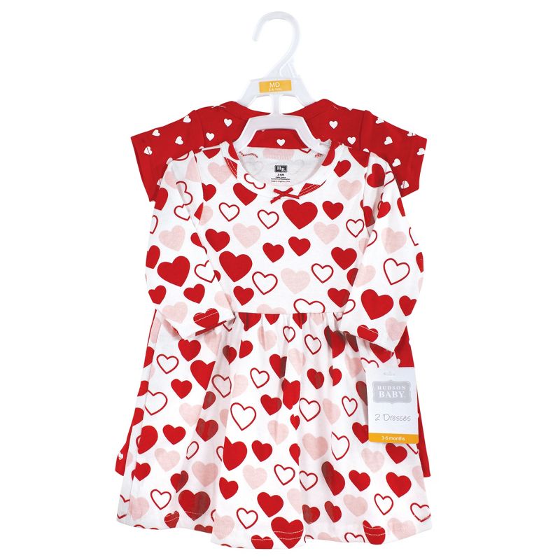 Hudson Baby Infant and Toddler Girl Cotton Dresses, Red Pink Hearts, 3 of 6
