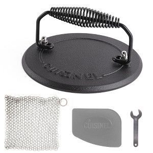 Cuisinel Grill Press + Chainmail Scrubber + Scraper - Cast Iron Burger, Bacon, Steak, Hamburgers Weight - 7.5" Diameter Round Press. - 1 of 4