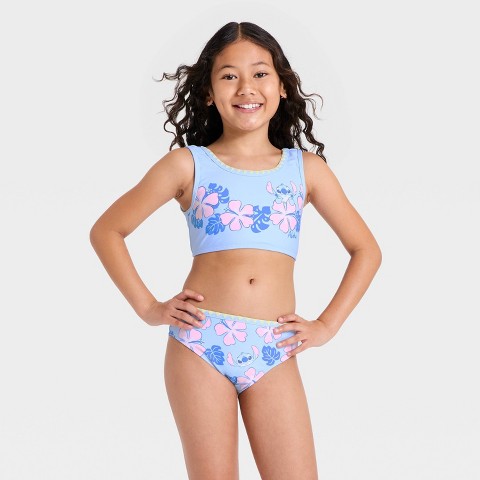 Lilo & Stitch Girls' Disney Lilo and Stitch 2pc Floral Printed Swim Set - Blue M