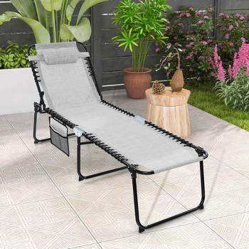 Costway Patio Folding Chaise Lounge Chair Portable Sun Lounger with Adjustable Backrest Grey/Navy