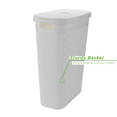 White Slim Rectangular Wicker Laundry Hamper with Lid