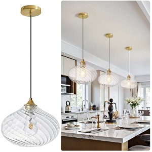 POWLIG 11 inch Modern Adjustable Gold Pendant Light with Striped Glass Shade - Kitchen Island Lighting for Dining Room, Bedroom & Entryway - 1 of 4