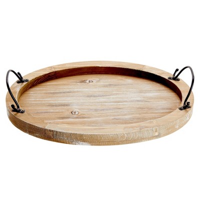Rustic Oval Wooden Serving Tray with Black Handles