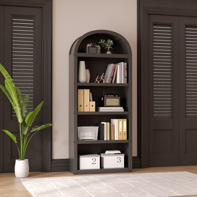 71" Tall Arched Bookshelf,Bookcase with Storage,Mid-Century Modern 5-Tier Bookshelf with Door, for Living Room,Kitchen,Home Office