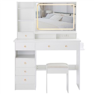 Gulches Luxury White Vanity Tables Set with LED Mirror & Power Station - 1 of 4