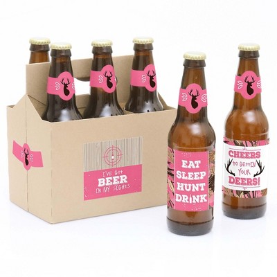 Big Dot of Happiness Pink Gone Hunting - Deer Hunting Girl Camo Baby Shower or Birthday Party Decorations - 6 Beer Bottle Label Stickers & 1 Carrier