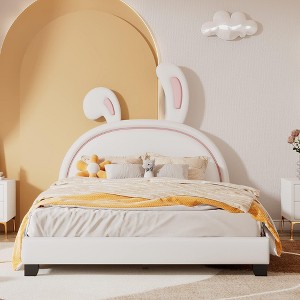 GustoWave Full Size Upholstered Bed Frame with Rabbit Ears Headboard, Wood Slat Support, No Box Spring Needed, 79.5" x 56", White - 1 of 4