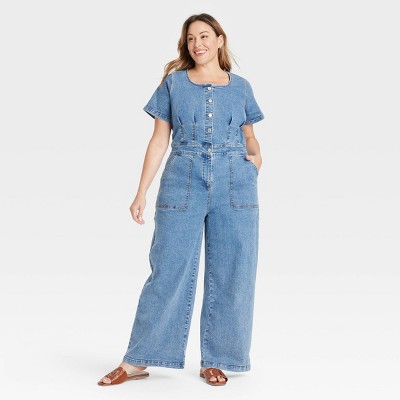 Women's Short Sleeve Button-Front Jumpsuit - Ava & Viv™