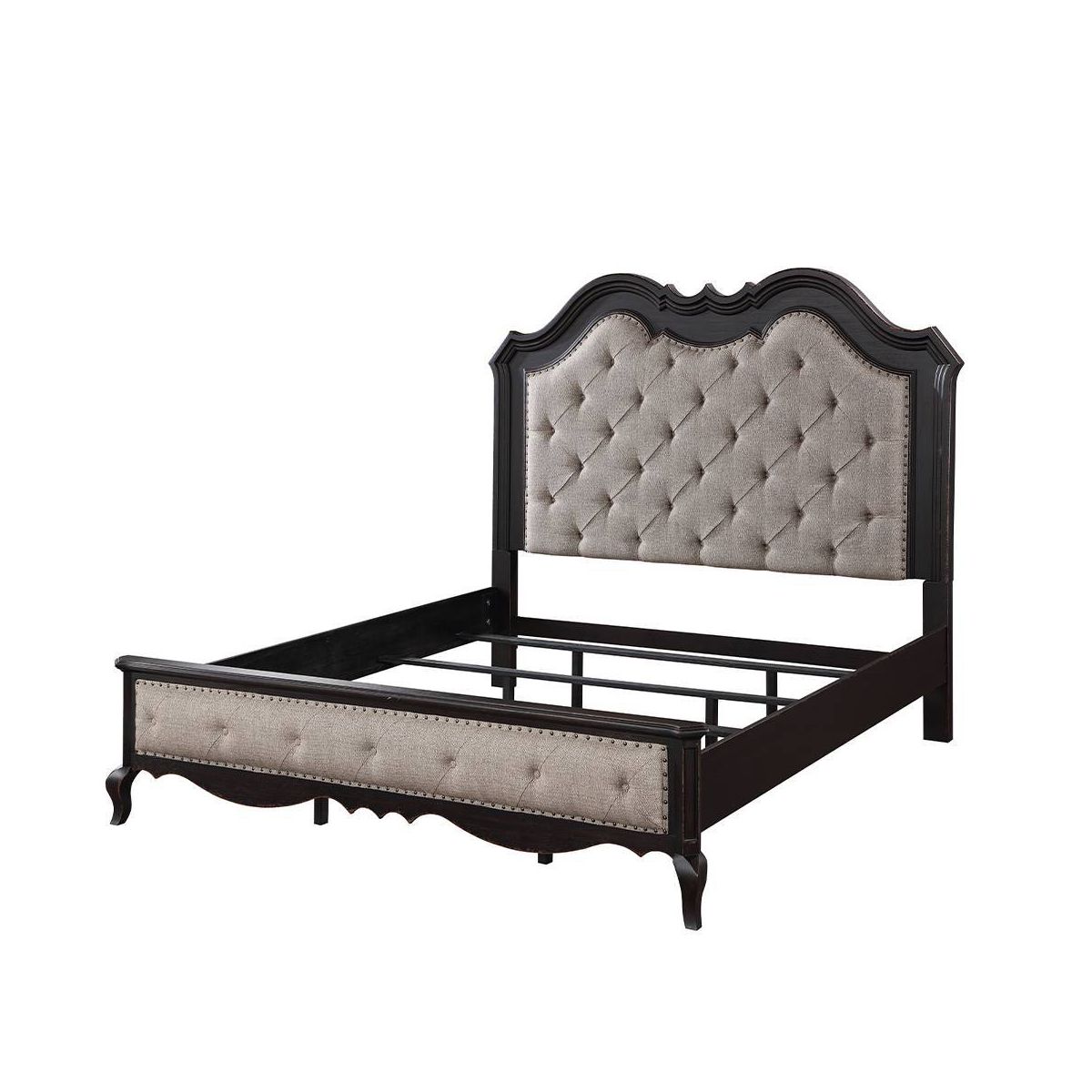82.5"California King Bed Chelmsford Bed Beige Fabric Antique Black Finish - Acme Furniture: Tufted Upholstered Traditional Design - thumbnail 8