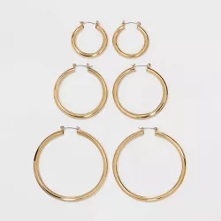 Graduated Tube Cubic Zirconia Hoop Earring Set 3pc - Wild Fable™ Gold