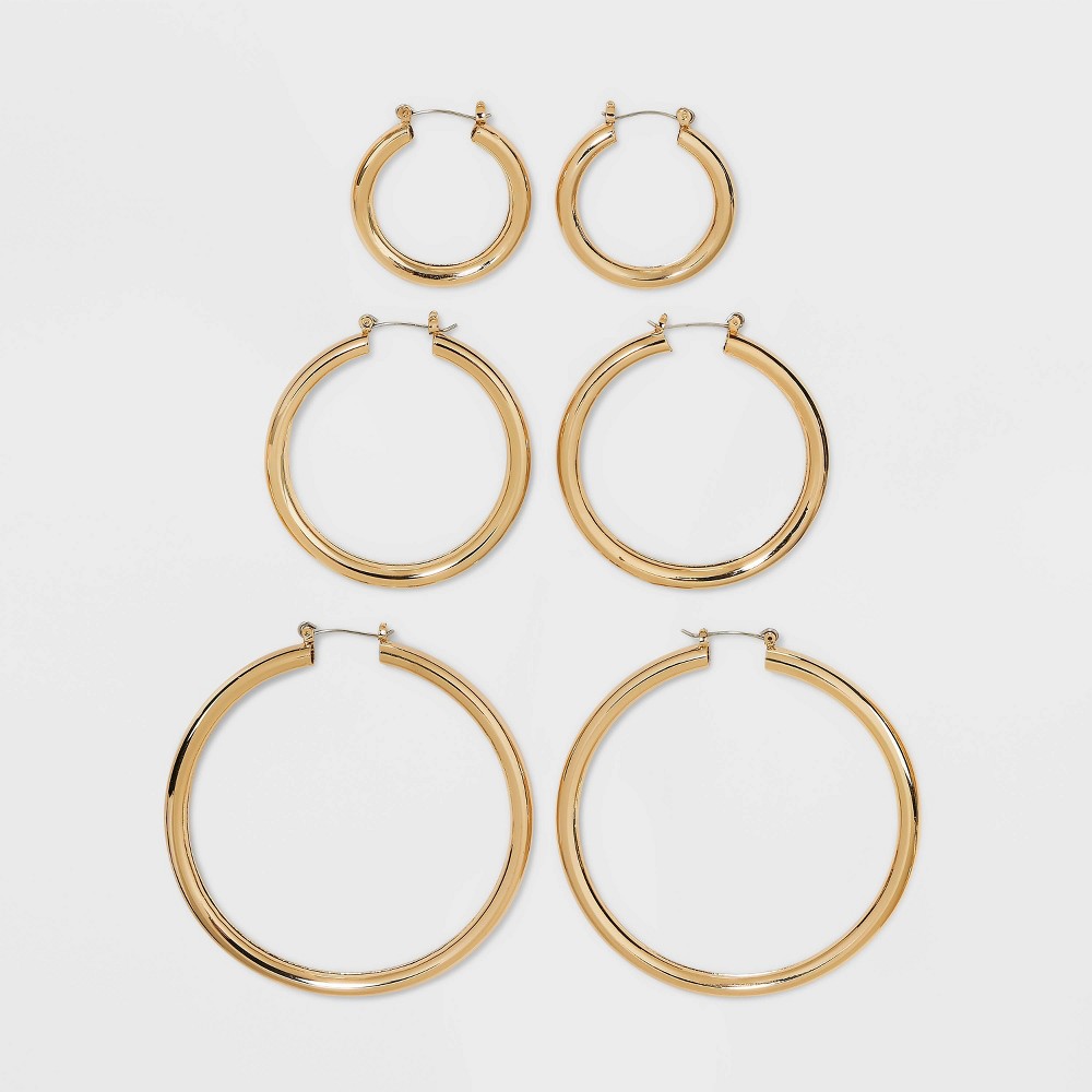 Photos - Earrings Graduated Tube Hoop Earring Set 3pc - Wild Fable™ Gold