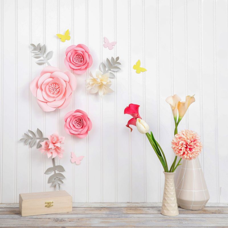 Farmlyn Creek 13 Pieces 3D Paper Flowers Decorations For Wall Decor, Pink Floral Ornamentation with Lilies and Butterflies, 3 of 9