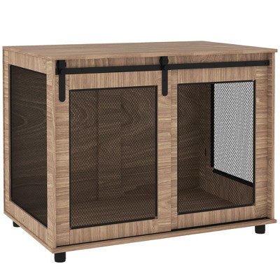PawHut 39" Dog Crate Furniture, Dog Kennel Furniture End Table with Sliding Barn Door, Furniture Style Dog Crate for Large Dogs, Walnut Brown