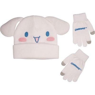 Hello Kitty's Cinnamoroll Cuff 3D Beanie and Glove Set for Kids, Jacquard knit with Embroidered Appliques, White
