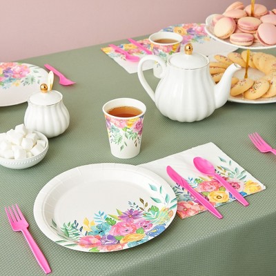 Floral 144-Piece Disposable Tea Party Set with Pink Cutlery
