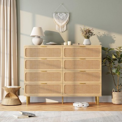 Rattan 8 Drawer Dressers for Bedroom, Tall Dresser with Deep Drawers, for Closet with Wide Top, Long Wooden Dresser for Living Room, Hallway