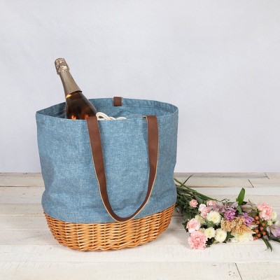 Navy Blue and White Canvas and Willow Picnic Basket Tote