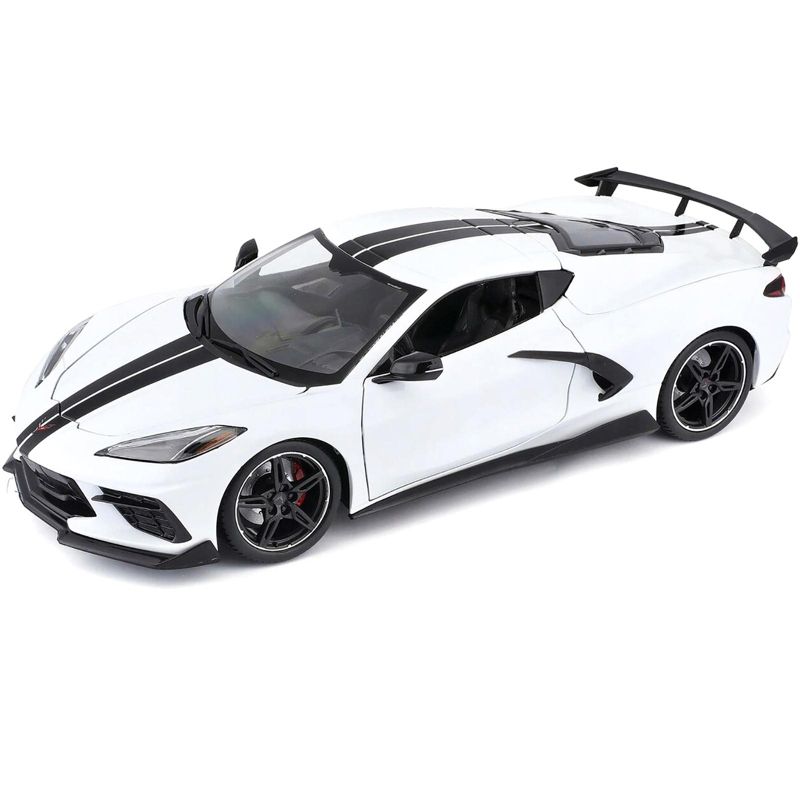 2020 Chevrolet Corvette Stingray C8 Coupe with High Wing White with Black Stripes 1/18 Diecast Model Car by Maisto, 1 of 5