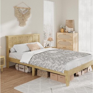 Queen Bed Frame with Natural Rattan Headboard - Metal Platform and Strong Wooden Slats Support, Boho Cane Mattress Foundation, No Box Spring Needed - 1 of 4