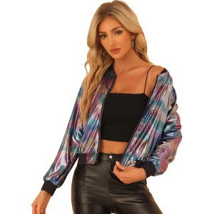 INSPIRE CHIC Women's Holographic Fashion Stand Collar Metallic Lightweight Zip Bomber Jacket - 1 of 4