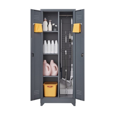 Metal Storage Cabinet with Lock Doors, 65"/72.8" Cleaning Tool Cabinet, Tall Broom Tool Organizer with Hanging Rod for Home Office Garage Utility Room