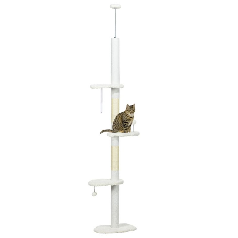 PawHut Floor to Ceiling Cat Tree with Scratching Posts, 88.5" - 100.5" Adjustable Height, Cat Climbing Tower with Cloud Shape Platforms, Balls, White, 1 of 7