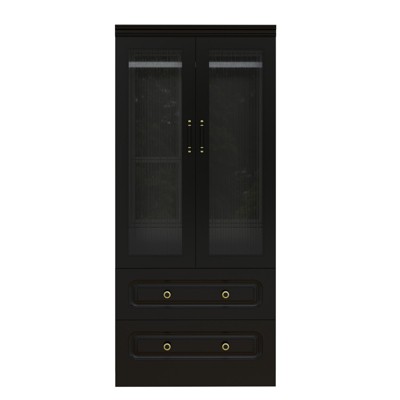 Keloyid Black Wood 31.5 in. Armoire with 2 Drawers and 2 Glass Doors