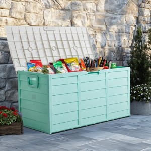 VisioGear 75gal Lockable Outdoor Garden Plastic Storage Deck Box for Tools Cushions Toys, Green & White, 44"*19.3"*21.3" - 1 of 4