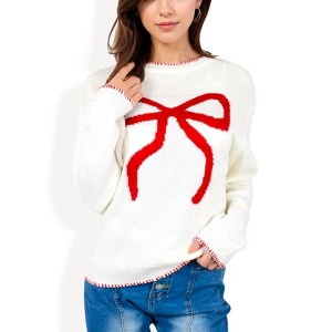 Anna-Kaci Women's Long Sleeve Knit Sweater with Bow Detail and Contrast Stitching - 1 of 4