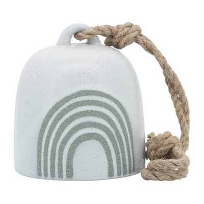 4" White and Green Ceramic Hanging Bell with Rainbow Design