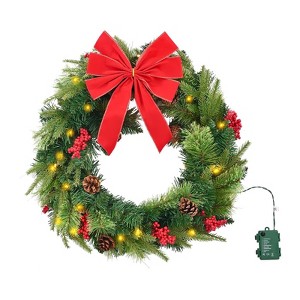 24" Pre-Lit Christmas Wreath with 50 LED Lights, Timer, Pine Cones, Red Berries & Holly Leaves - 1 of 4